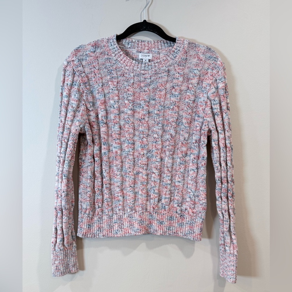 🔥J Crew Women’s Pink and White Cable Knit Sweater Size M EC